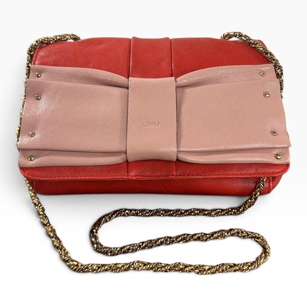 Chloe Shoulder Bag Small Red Leather Bow Chain Strap Pink Colorblock